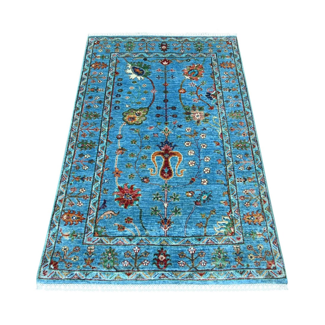 Blue Hand Knotted Afghan Sultani Denser Weave Organic Wool Rug: Blue Hand Knotted Afghan Sultani Denser Weave Organic Wool Rug The Blue Hand Knotted Afghan Sultani Denser Weave Organic Wool Rug boasts an all-over regional design in a rich blue field, complemented 