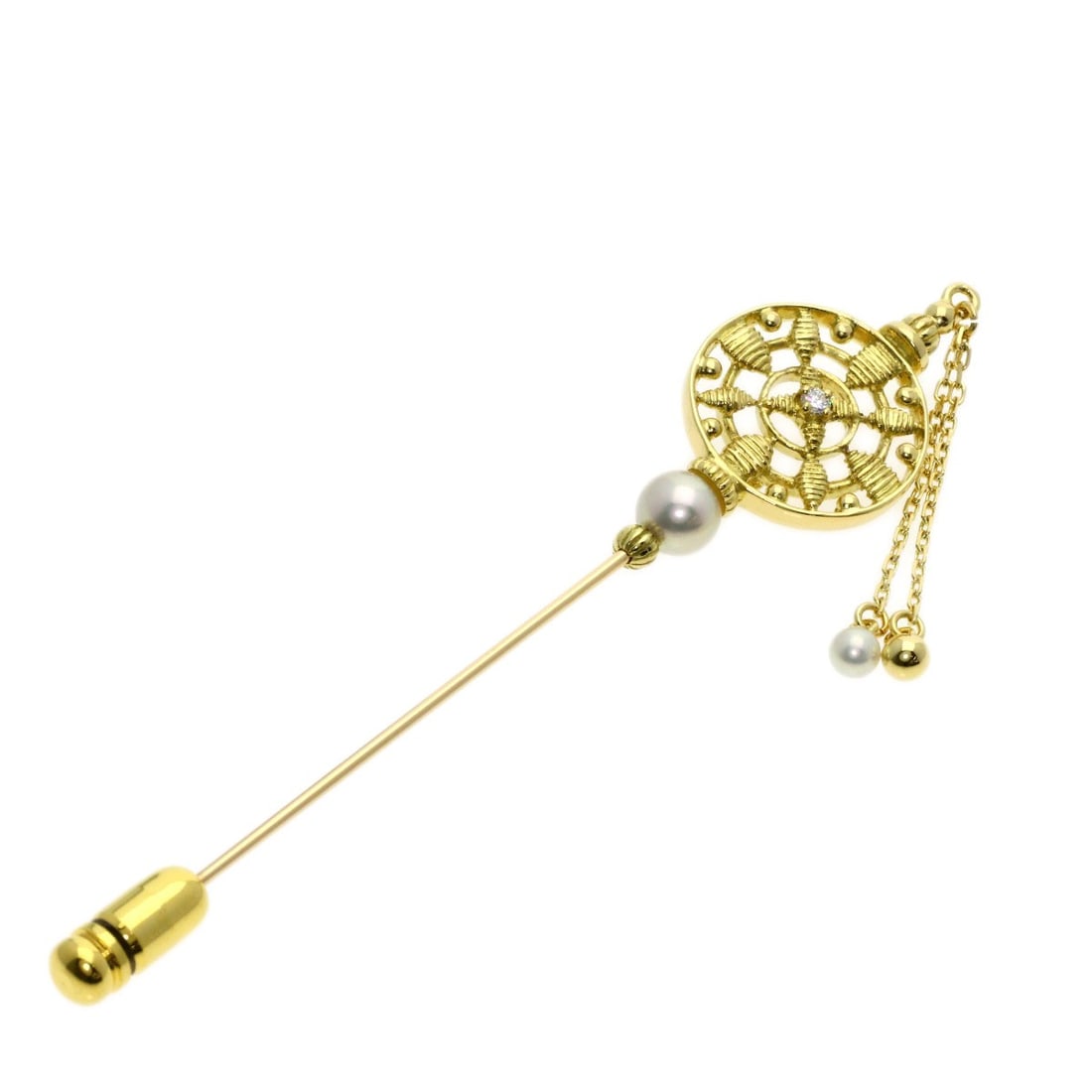 K18 Yellow Gold Mikimoto Pearl Diamond Pin Brooch (1 of 6)