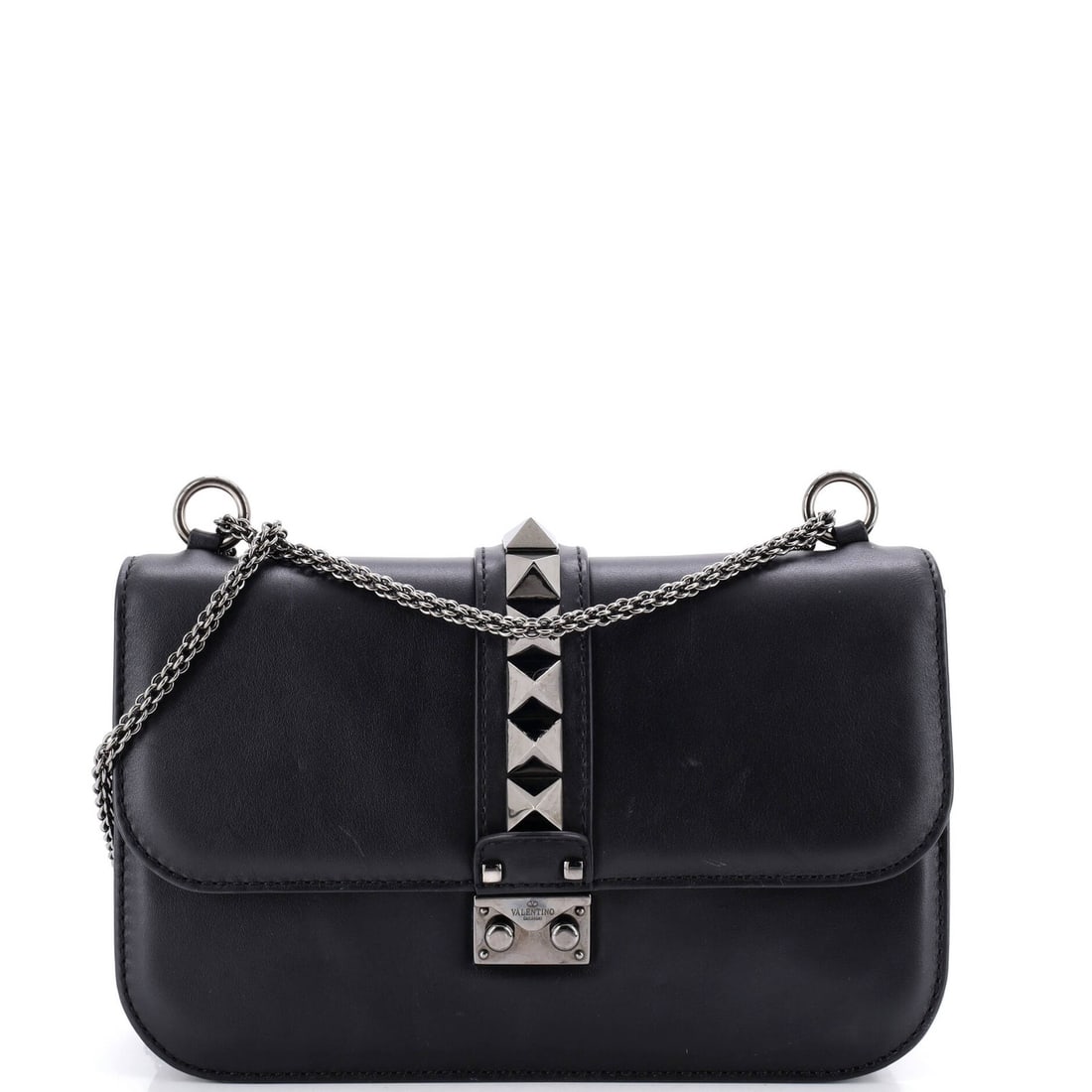 Valentino Garavani Glam Lock Shoulder Bag Leather Medium: Valentino Garavani Glam Lock Shoulder Bag Leather Medium Black leather medium Glam Lock Shoulder Bag from Valentino Garavani, featuring scuffs and minor creases on the exterior with heavy scratches in