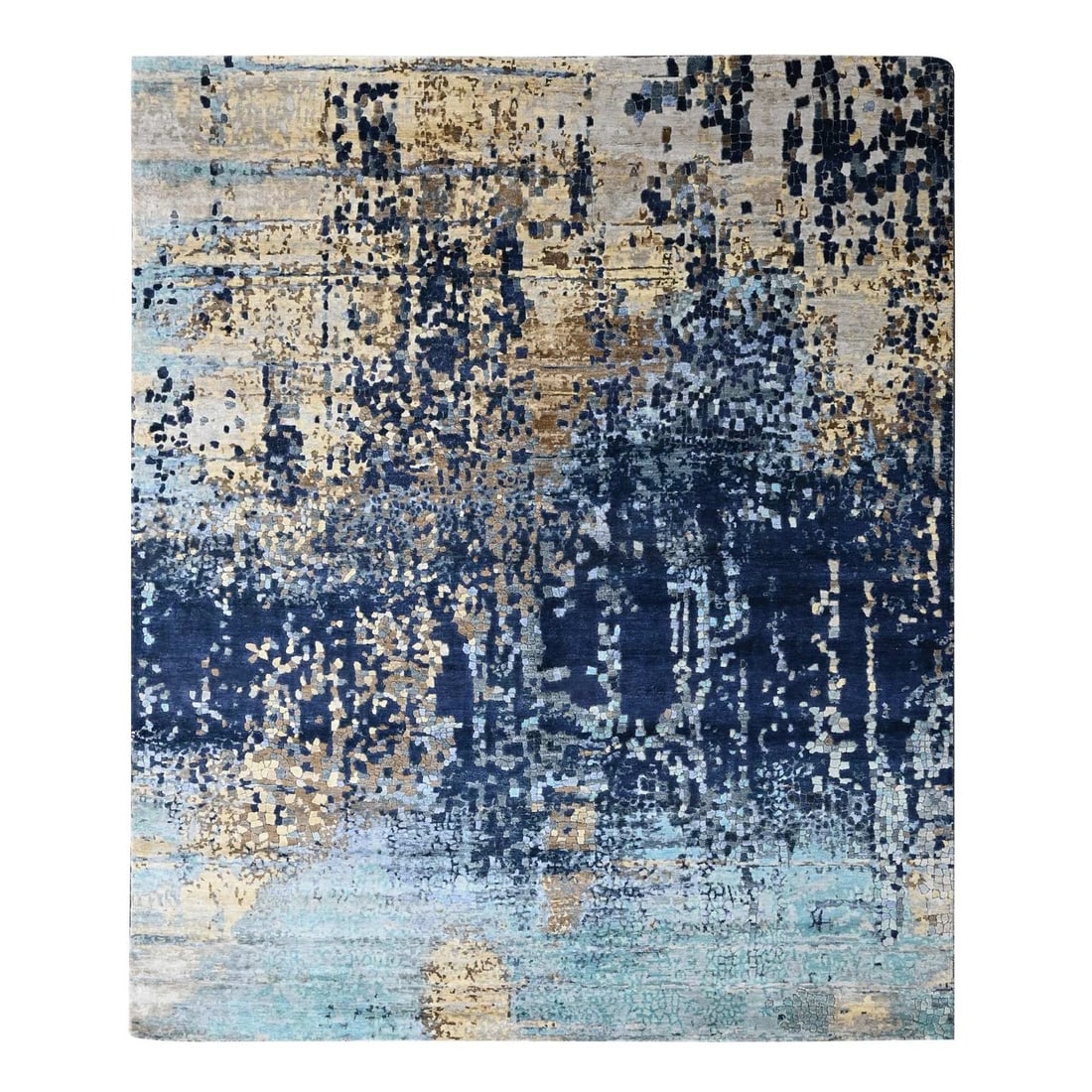 Hand Knotted Rug 8'x9'8" Blue-Gold Modern Mosaic Design Wool and Silk: Hand Knotted Rug 8'x9'8" Blue-Gold Modern Mosaic Design Wool and Silk Hand-knotted in wool and silk, this stunning blue-gold mosaic design rug boasts an abstract Oriental regional pattern. Measuring 8