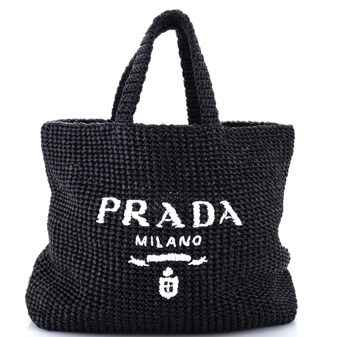 Prada Logo Tote Raffia Large: Prada Logo Tote Raffia Large Black Raffia Prada Logo Tote Large with signature. This large tote features the iconic Prada logo and is made from high-quality raffia exterior material, measuring 13" tal