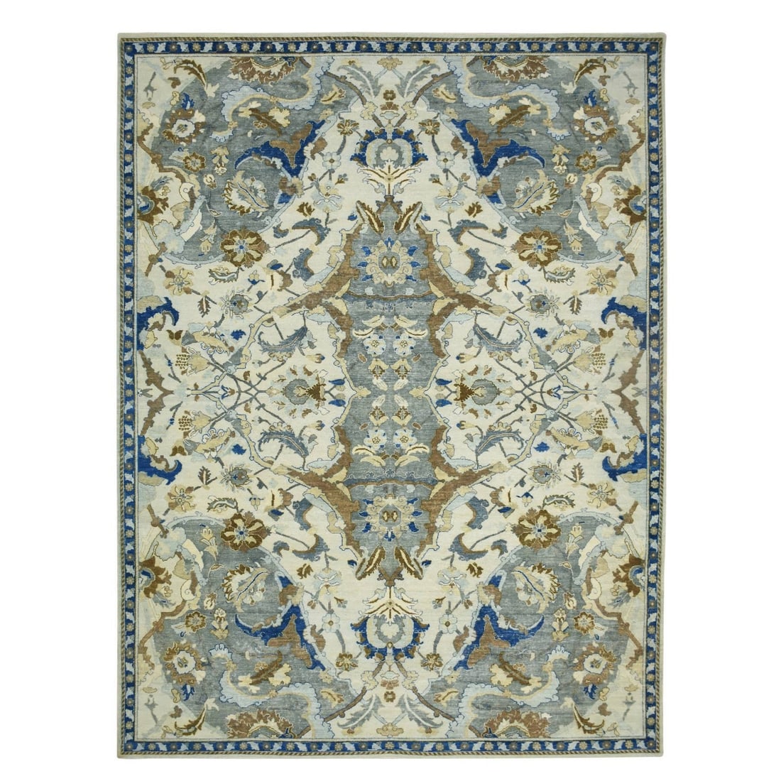 Chiffon White Hand Knotted 9'2"x12'3" Rug 100% Wool Czartoryski Polonaise: Chiffon White Hand Knotted 9'2"x12'3" Rug 100% Wool Czartoryski Polonaise Hand-knotted with exceptional craftsmanship, this stunning Chiffon White rug boasts an elegant ivory hue and intricate brown,