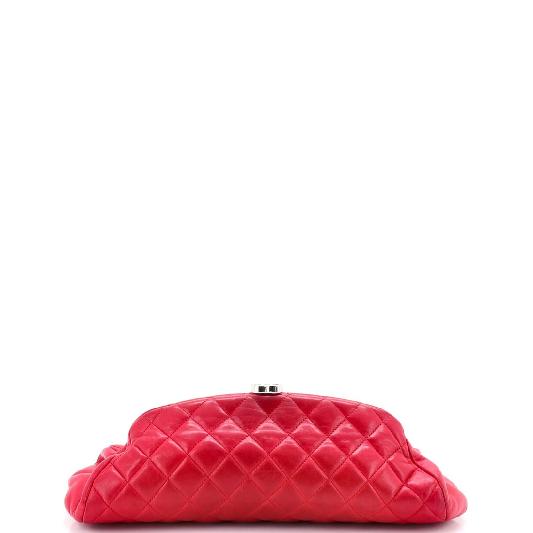 Lambskin Quilted Clutch Timeless Chanel: Lambskin Quilted Clutch Timeless Chanel Red Lambskin Quilted Clutch with Satin Interior, featuring heavy discoloration and scuffs on the exterior, and fraying and light odor inside. The Timeless