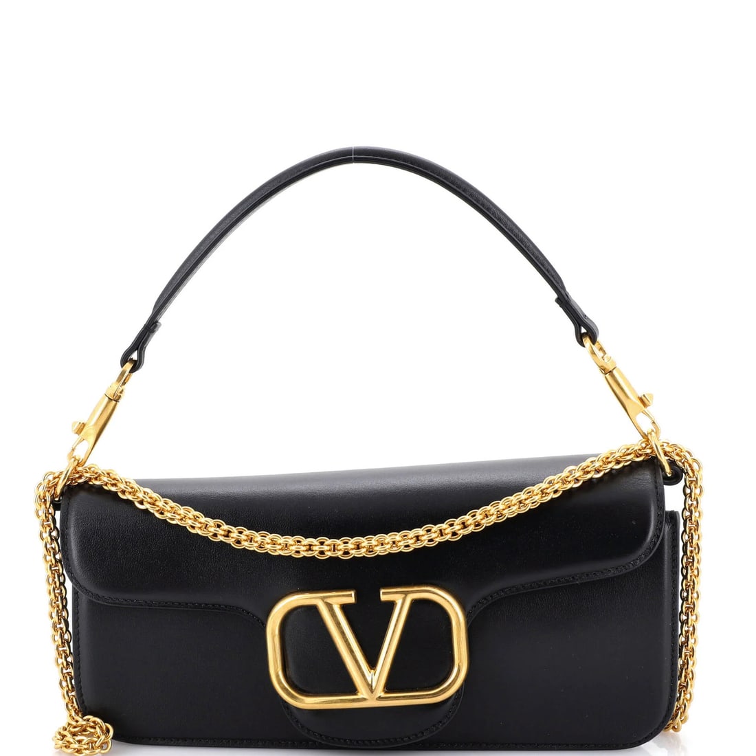 Valentino Garavani VLogo Loco Flap Shoulder Bag Leather Medium: Valentino Garavani VLogo Loco Flap Shoulder Bag Leather Medium Black leather medium-sized shoulder bag with gold hardware, featuring the VLogo Loco Flap design. The bag boasts a structured shape and