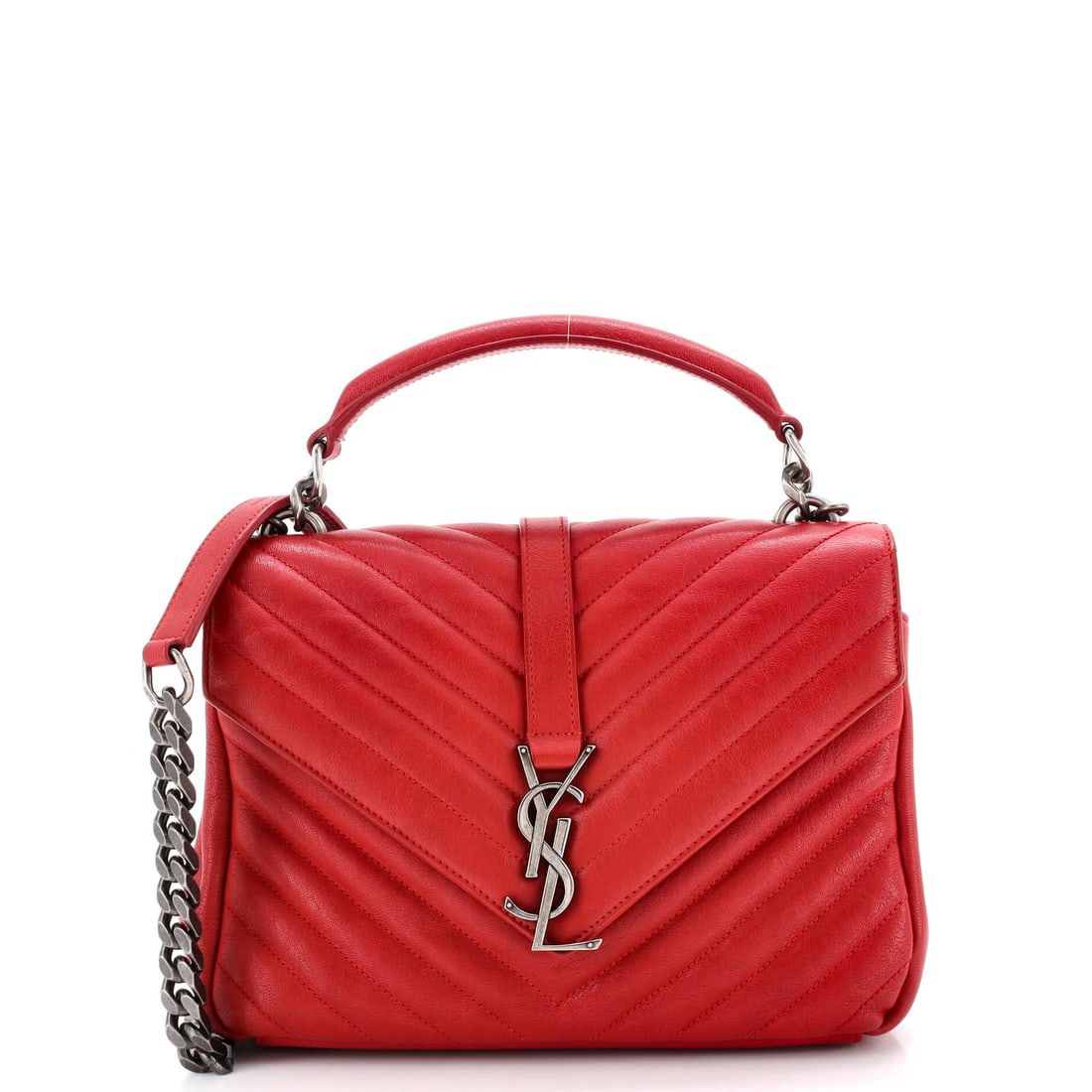 Saint Laurent Classic Monogram College Bag Matelasse Chevron Leather Medium: Saint Laurent Classic Monogram College Bag Matelasse Chevron Leather Medium The Saint Laurent Classic Monogram College Bag Matelasse Chevron Leather Medium boasts a striking red exterior with iconic c