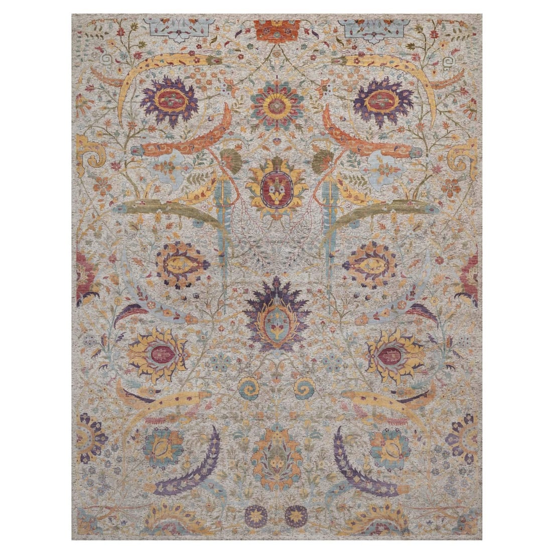 11'9"x15'2" Ivory Sickle Leaf Design Hand Knotted Silk with Textured Wool XL: 11'9"x15'2" Ivory Sickle Leaf Design Hand Knotted Silk with Textured Wool XL Textured wool and silk blend creates an inviting atmosphere in this 11'9"x15'2" hand-knotted ivory rug. Its all-over
