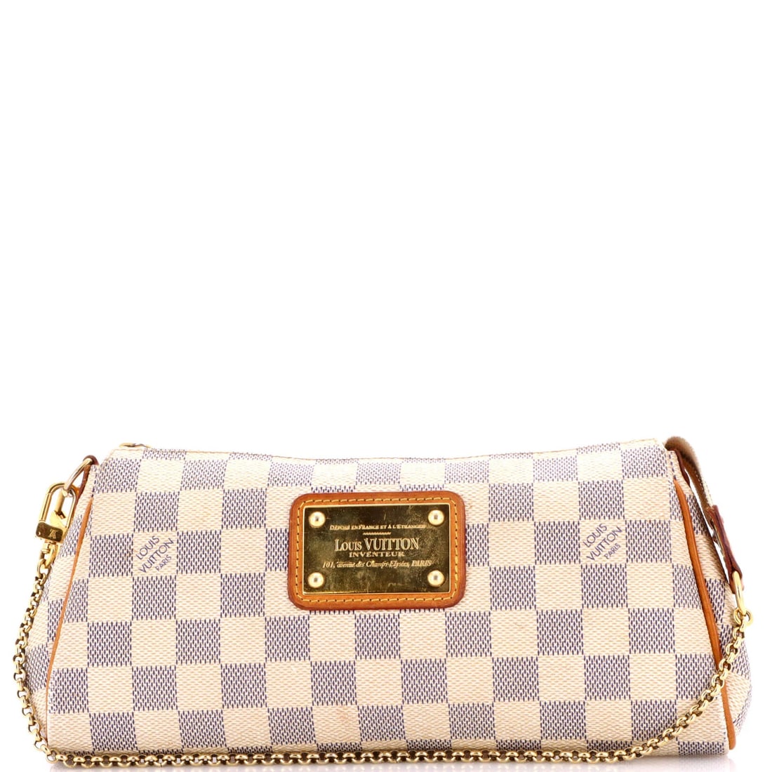 Louis Vuitton Eva Handbag Damier: Louis Vuitton Eva Handbag Damier The Louis Vuitton Eva Handbag Damier in white canvas coated exterior features a classic clutches design with gold hardware. Measuring 8" handle drop, 5" height, and