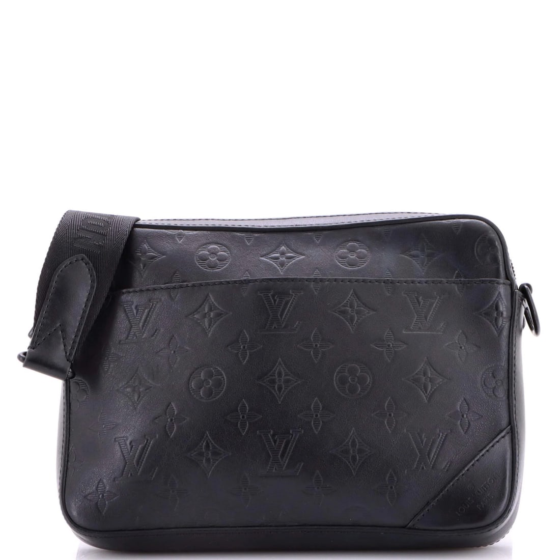 Louis Vuitton Monogram Shadow Leather Messenger Bag: Louis Vuitton Monogram Shadow Leather Messenger Bag Black Louis Vuitton Monogram Shadow Leather Messenger Bag with scuffs on handles and straps, featuring corner wear and creases. The bag measures 7.5