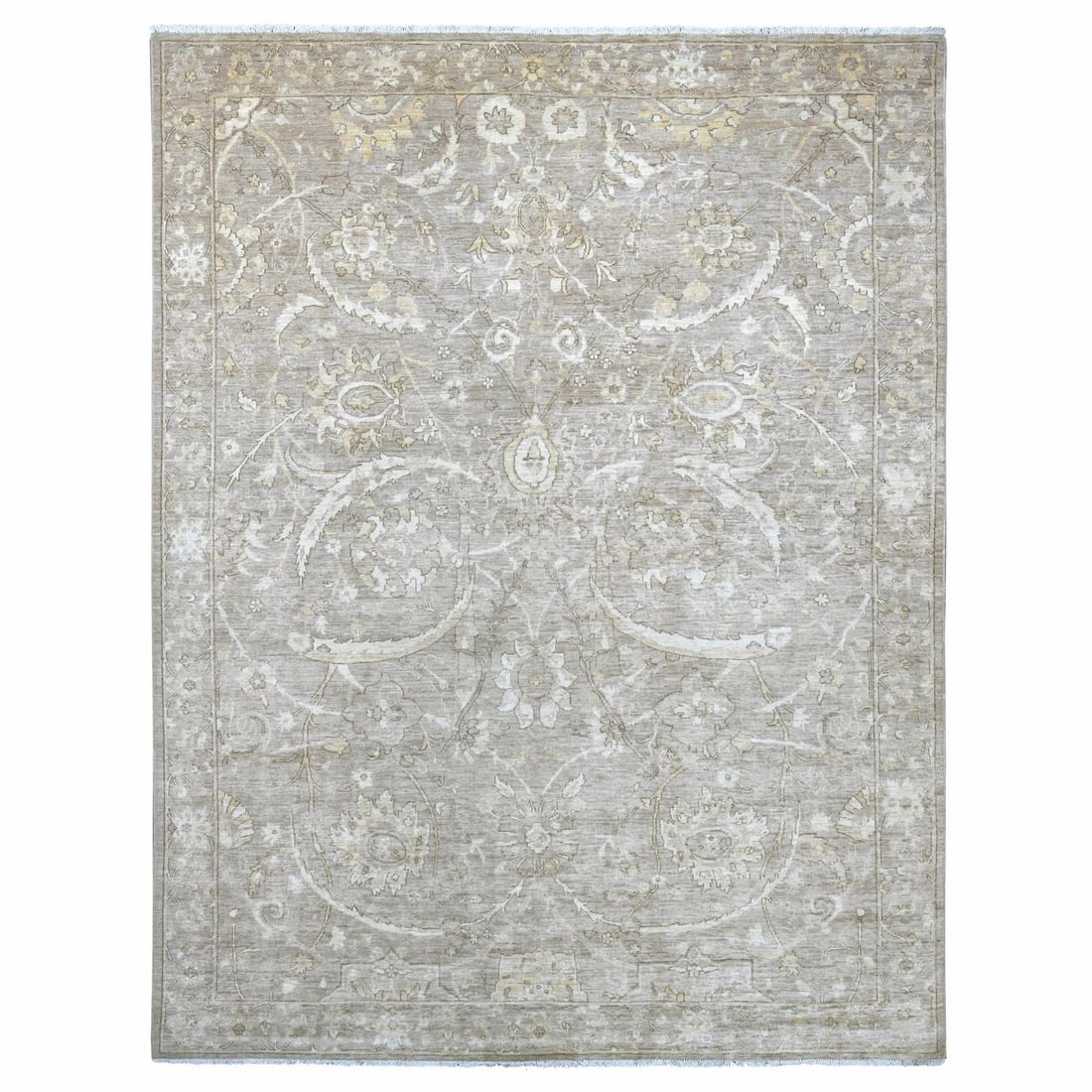 8'10"x11'7" Brown Peshawar with Sickle Leaf Design Hand Knotted Wool Rug: 8'10"x11'7" Brown Peshawar with Sickle Leaf Design Hand Knotted Wool Rug Brown Peshawar with Sickle Leaf Design Hand Knotted Wool Rug, measuring 8'10"x11'7" and made from high-quality wool, boasts a c