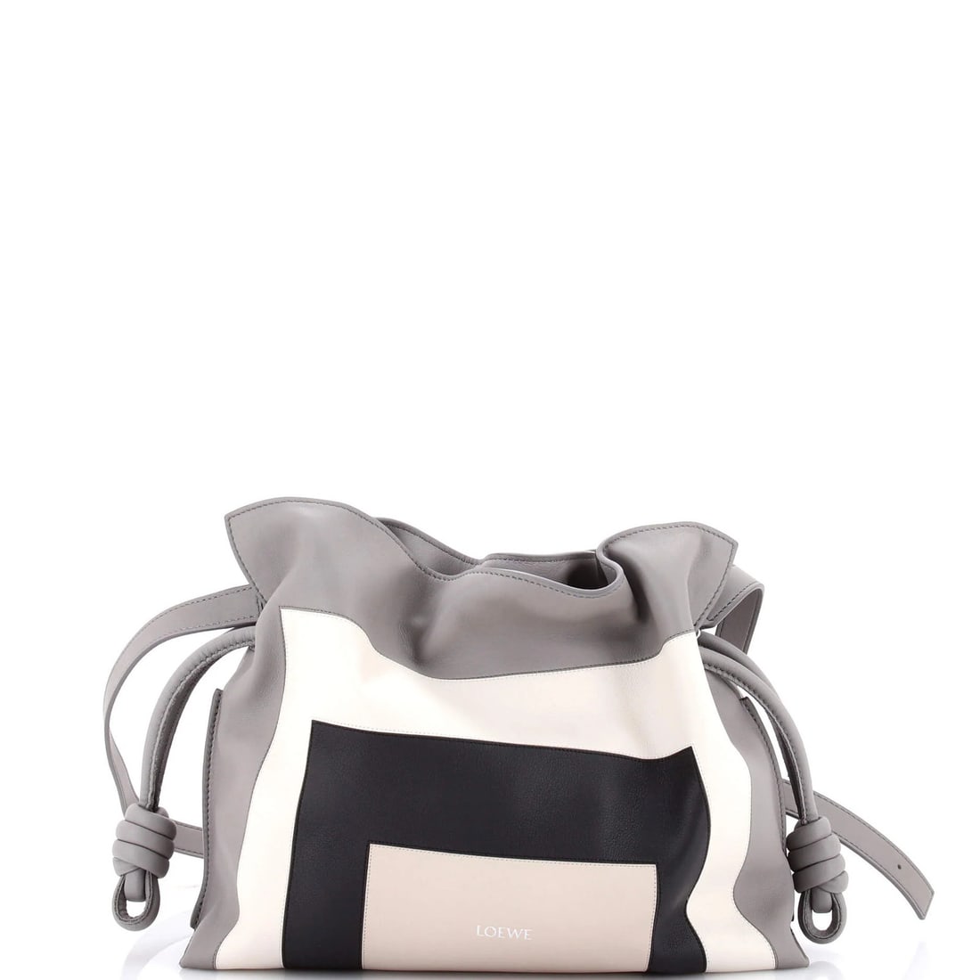 Flamenco Knot Clutch Leather Medium Loewe Albers: Flamenco Knot Clutch Leather Medium Loewe Albers The Loewe Albers Flamenco Knot Clutch Leather Medium features a striking multicolor exterior with black, gray, and white accents. With its medium size