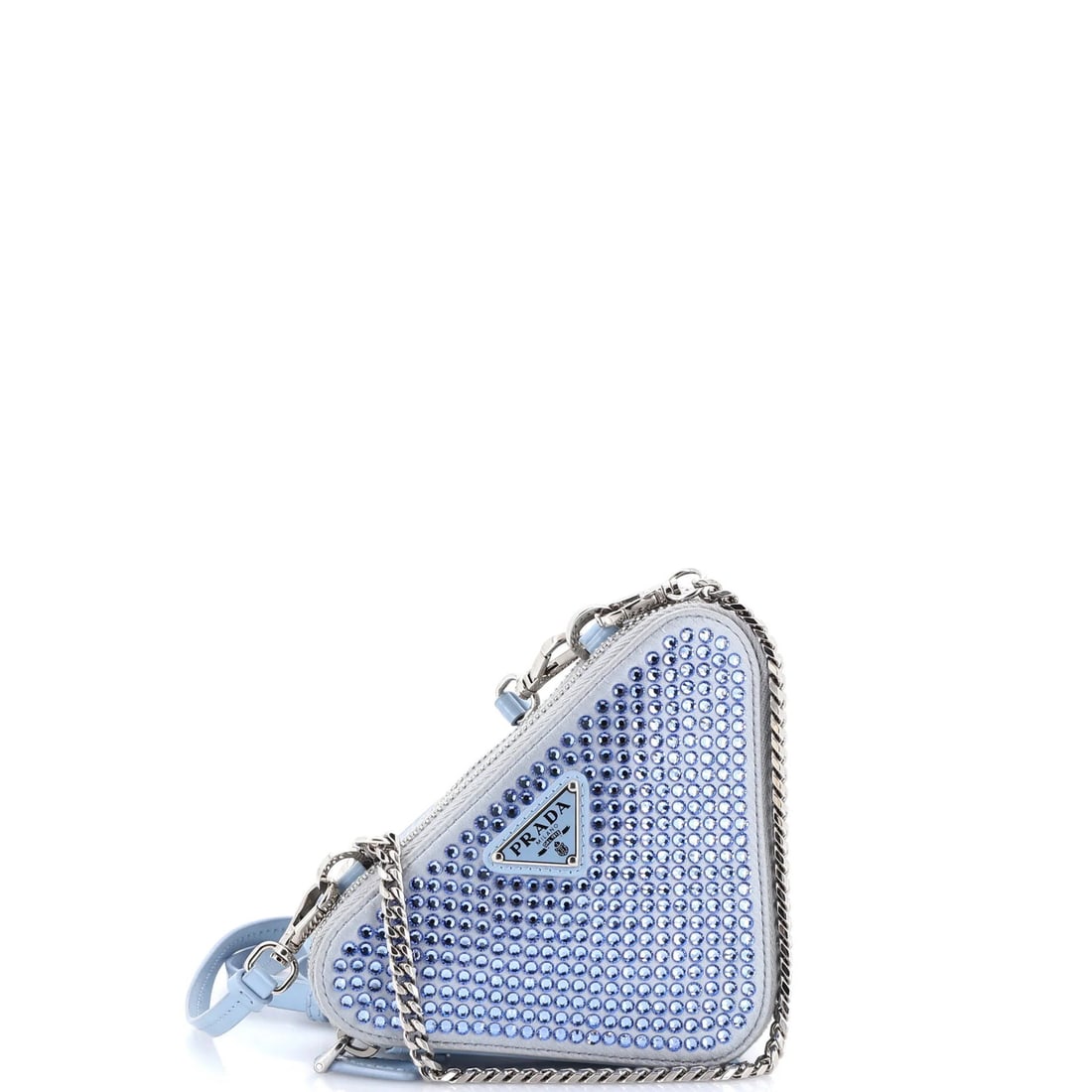 Prada Triangle Double Pouch Crossbody Crystal Embellished Satin Mini: Prada Triangle Double Pouch Crossbody Crystal Embellished Satin Mini The Prada Triangle Double Pouch Crossbody Crystal Embellished Satin Mini boasts a striking blue satin exterior adorned with rhinest