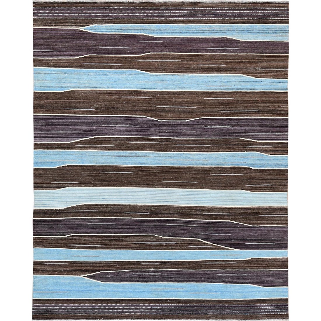 8'2"x10'1" Hand Woven Brown And Blue Mountain Design Flat Weave Kilim Rug: 8'2"x10'1" Hand Woven Brown And Blue Mountain Design Flat Weave Kilim Rug This stunning 8'2"x10'1" hand-woven kilim rug boasts a beautiful brown and blue mountain design in a traditional Afghan