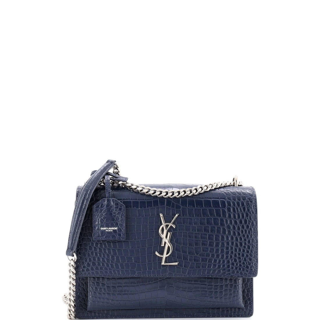 Saint Laurent Sunset Crossbody Bag Crocodile Embossed Leather Medium: Saint Laurent Sunset Crossbody Bag Crocodile Embossed Leather Medium The Saint Laurent Sunset Crossbody Bag Crocodile Embossed Leather Medium boasts stunning blue exterior and suede interior, adorned