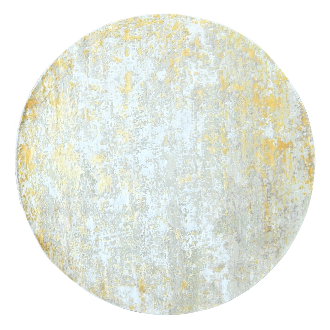 7'9'x7'9" Gold Abstract Design Wool and Silk Hand Knotted Round Rug: 7'9'x7'9" Gold Abstract Design Wool and Silk Hand Knotted Round Rug Hand-knotted in wool and silk, this stunning 7'9" x 7'9" abstract design round rug boasts a unique beige field color with subtle