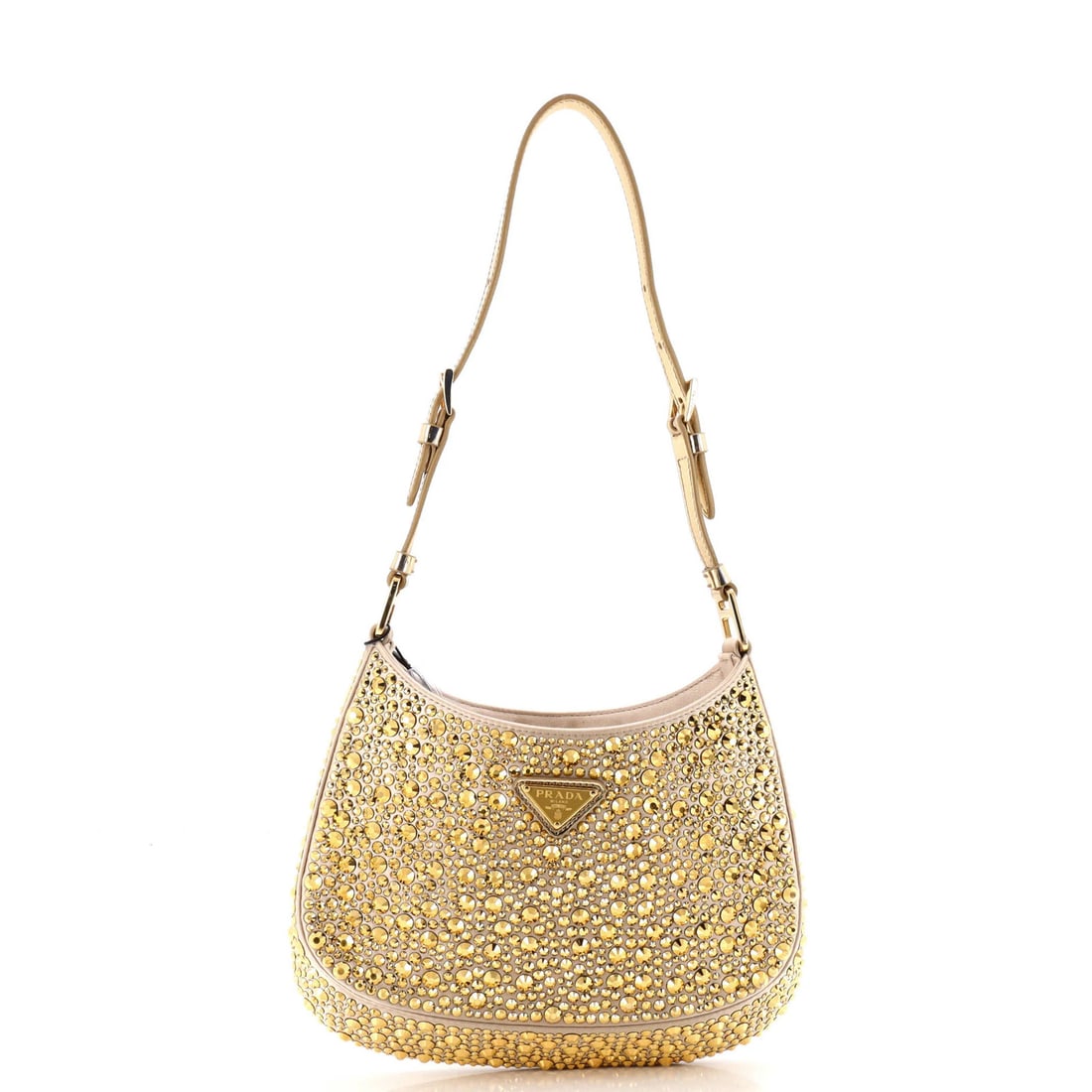 Small Satin Shoulder Bag Cleo Crystal Embellished Prada: Small Satin Shoulder Bag Cleo Crystal Embellished Prada Small Satin Shoulder Bag Cleo Crystal Embellished Prada features crystal and satin exterior in gold, with a cross body design and gold hardware.