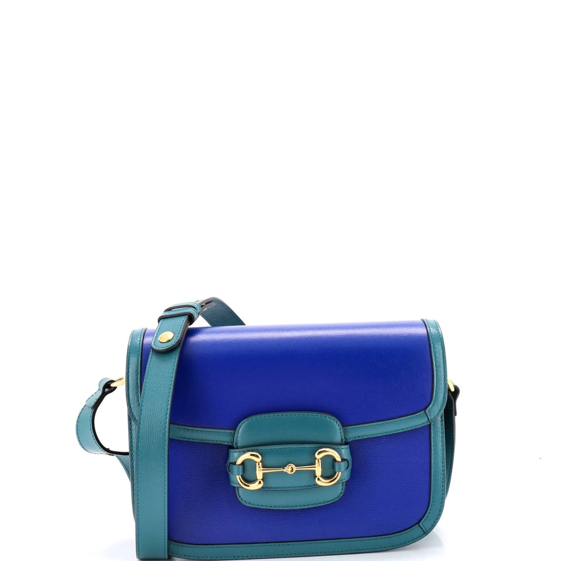 Small leather bag shoulder 1955 Gucci Horsebit: Small leather bag shoulder 1955 Gucci Horsebit Small leather bag shoulder from iconic 1955 Gucci Horsebit collection, boasting classic blue exterior with gold hardware and neutral interior. Measuring