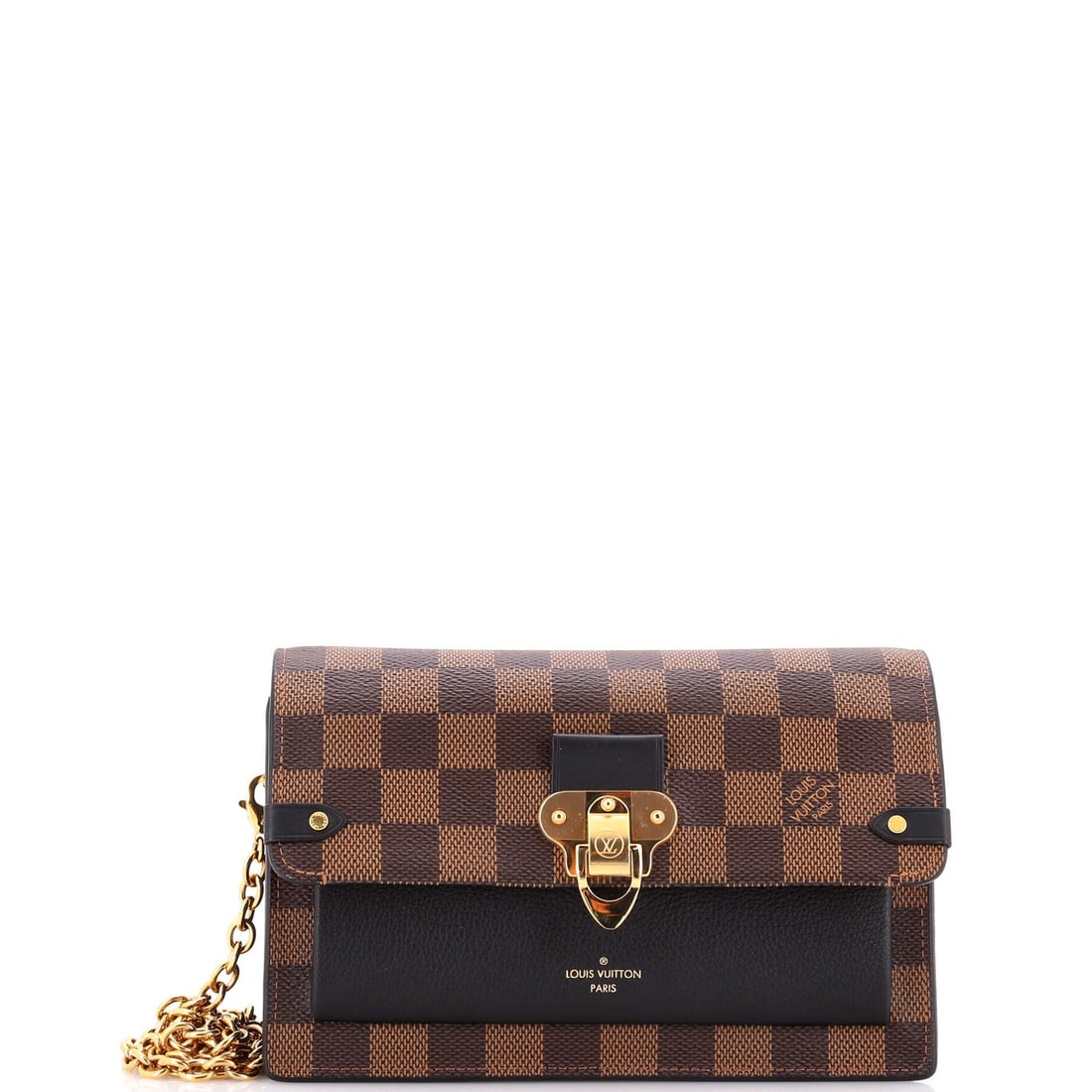 Louis Vuitton Vavin Chain Wallet NM Damier with Leather: Louis Vuitton Vavin Chain Wallet NM Damier with Leather Brown canvas coated leather Louis Vuitton Vavin Chain Wallet with gold hardware, featuring minor scuffs and creases on the exterior and scuffs o