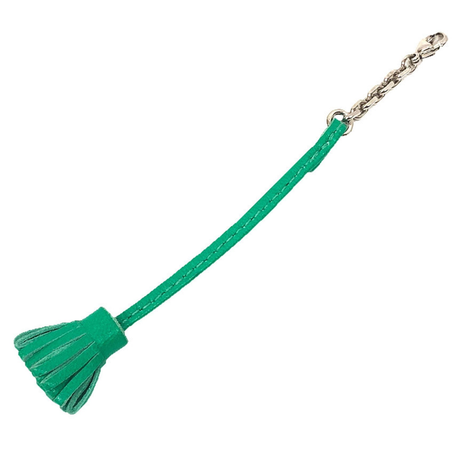 Hermes leather key chain: Hermes leather key chain Made from high-quality leather, this Hermes key chain boasts a classic design with a distinctive green hue. The simple yet elegant accessory features no additional accessories