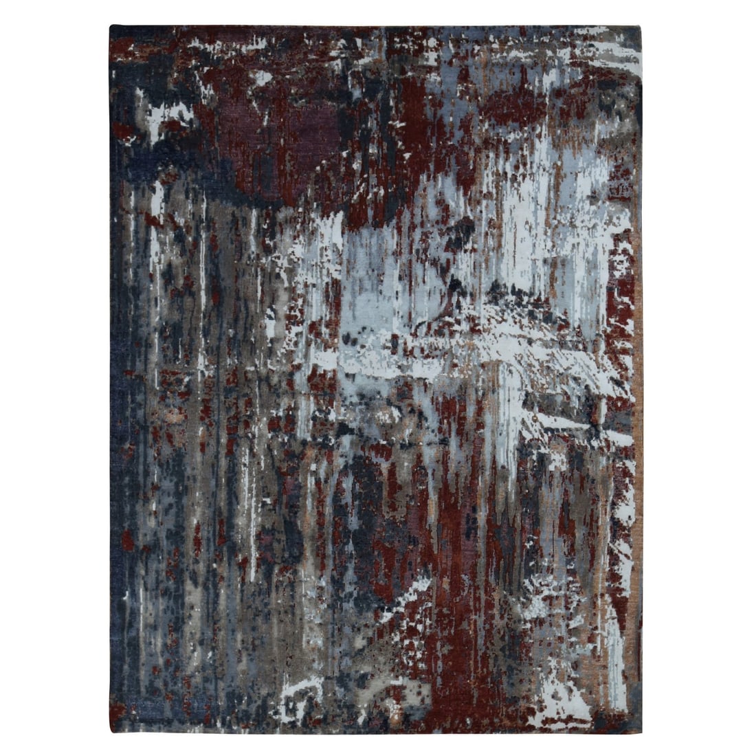 9'x12'2" Red Wool and Silk Abstract Paint Brush Design Hand Knotted Rug: 9'x12'2" Red Wool and Silk Abstract Paint Brush Design Hand Knotted Rug The vibrant red hue and intricate hand-knotted design make this 9'0" x 12'2" rug a stunning addition to any room. Crafted from