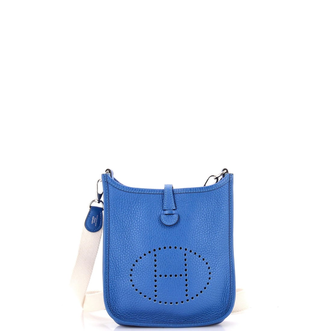 Hermes Evelyne Clemence Bag Gen III TPM: Hermes Evelyne Clemence Bag Gen III TPM The Hermes Evelyne Clemence Bag Gen III TPM boasts sleek, blue leather exterior with subtle creases and edge wear. Measuring 7" tall and 6.5" wide, it features