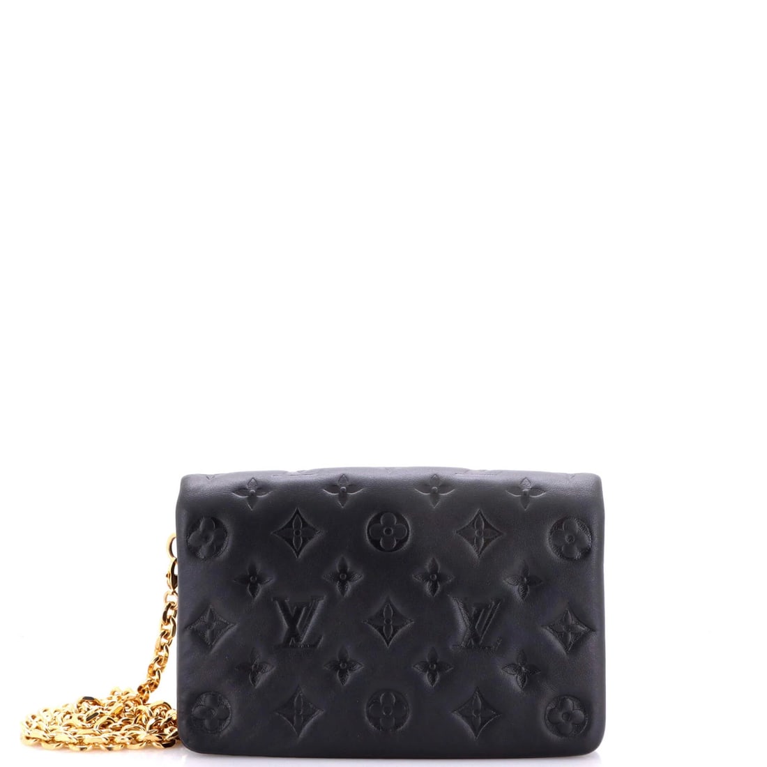 Monogram Embossed Lambskin Pochette Vuitton Louis Coussin: Monogram Embossed Lambskin Pochette Vuitton Louis Coussin Monogram Embossed Lambskin Pochette Vuitton Louis Coussin features a sleek black exterior with distinctive monogram embossing, adding a touch