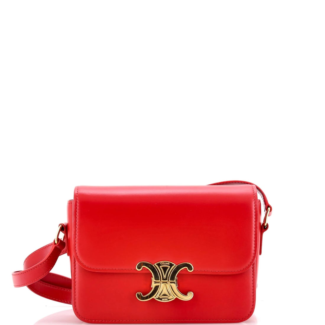 Shoulder bag calfskin smooth triomphe teen: Shoulder bag calfskin smooth triomphe teen Red Celine Triomphe Shoulder Bag with Smooth Calfskin Exterior and Gold Hardware. This cross-body bag features a sleek design, minor scuffs on the exterior, 