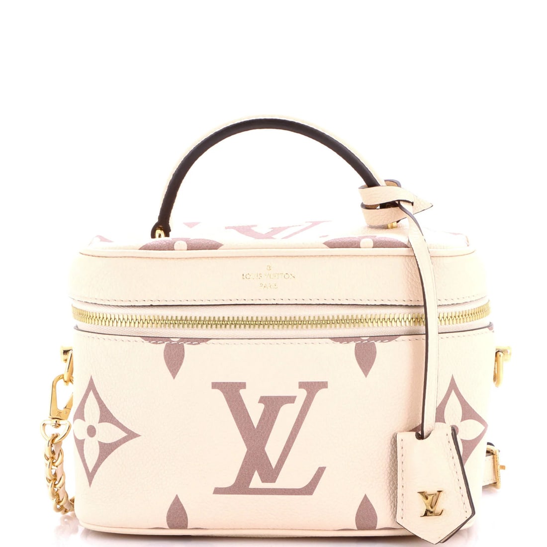 Vanity Handbag Bicolor Monogram Empreinte Giant by Louis Vuitton: Vanity Handbag Bicolor Monogram Empreinte Giant by Louis Vuitton The Louis Vuitton Vanity Handbag Bicolor Monogram Empreinte Giant PM is a statement shoulder bag with a neutral exterior and gold hardw