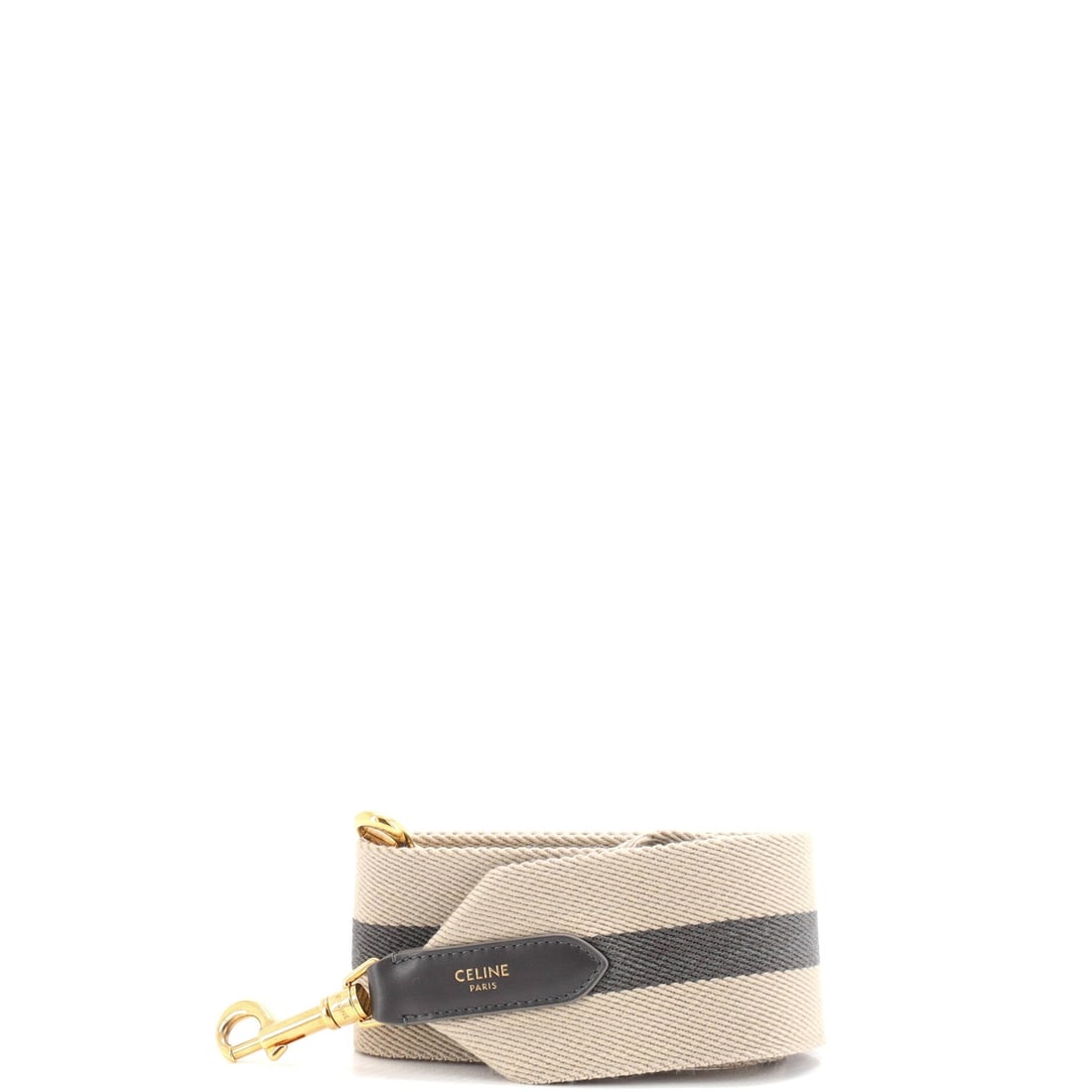 Celine Jacquard Wool Long Strap Logo: Celine Jacquard Wool Long Strap Logo Long strap logo details on neutral-colored jacquard wool exterior, with minor wear and scratches on gold hardware. The item measures 35" in length and 2.5" in widt