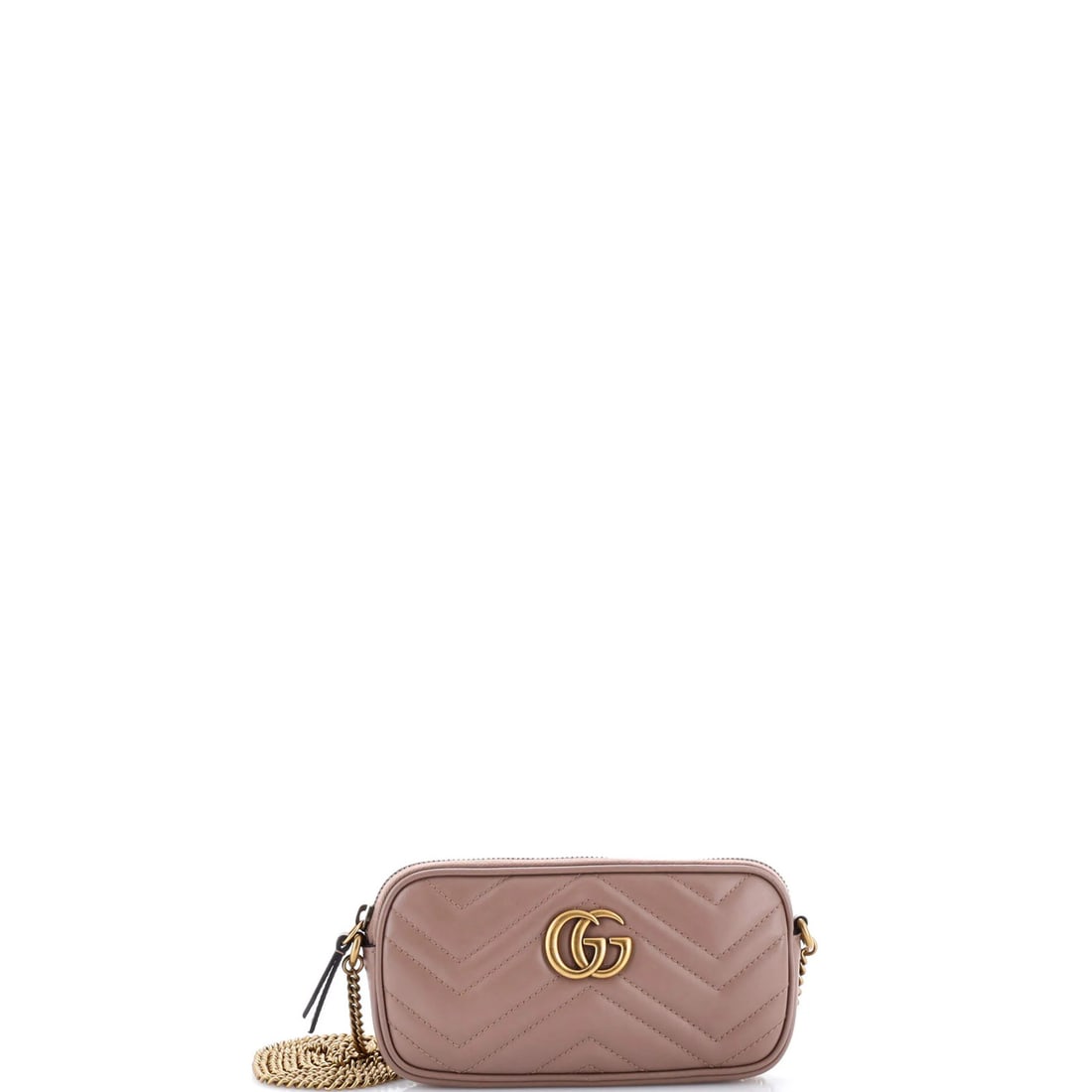 Gucci Marmont Chain Crossbody Matelasse Leather Mini Bag: Gucci Marmont Chain Crossbody Matelasse Leather Mini Bag The Gucci Marmont Chain Crossbody Matelasse Leather Mini Bag boasts a neutral exterior with minor pilling on the zipper tape and scuffs,