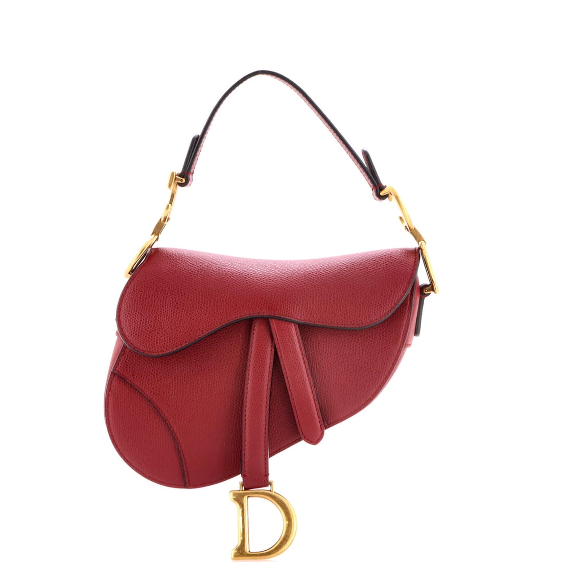 Christian Dior Saddle Handbag Leather Mini: Christian Dior Saddle Handbag Leather Mini The Christian Dior Saddle Handbag Leather Mini is a vibrant red mini shoulder bag with gold hardware, featuring a sleek and sophisticated design. Measuring