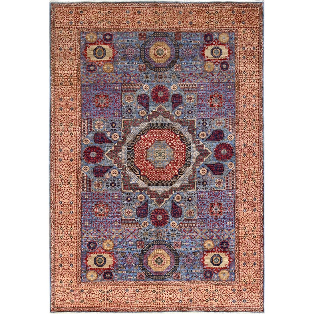 6'1"x9' Blue Hand Knotted All Wool Mamluk Dynasty 200 KPSI Design Rug: 6'1"x9' Blue Hand Knotted All Wool Mamluk Dynasty 200 KPSI Design Rug The Mamluk Dynasty rug boasts an impressive 200 KPSI design, showcasing intricate patterns in blue and gold hues. Hand-knotted