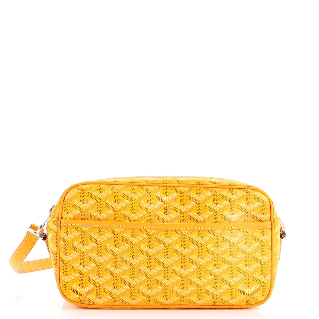 Cap Vert Canvas Coated Bag by Goyard: Cap Vert Canvas Coated Bag by Goyard Yellow Cap Vert Canvas Coated Bag by Goyard features a vibrant exterior with minor scuffs, edge wear, and discoloration. The bag's canvas coated material provides