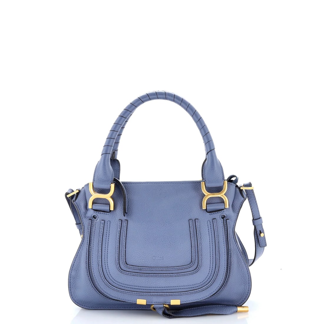 Leather small satchel by Chloe Marcie: Leather small satchel by Chloe Marcie Small, stylish satchel by Chloe Marcie in rich blue leather. The exterior features minor scuffs and creases, while the interior boasts a neutral fabric lining.