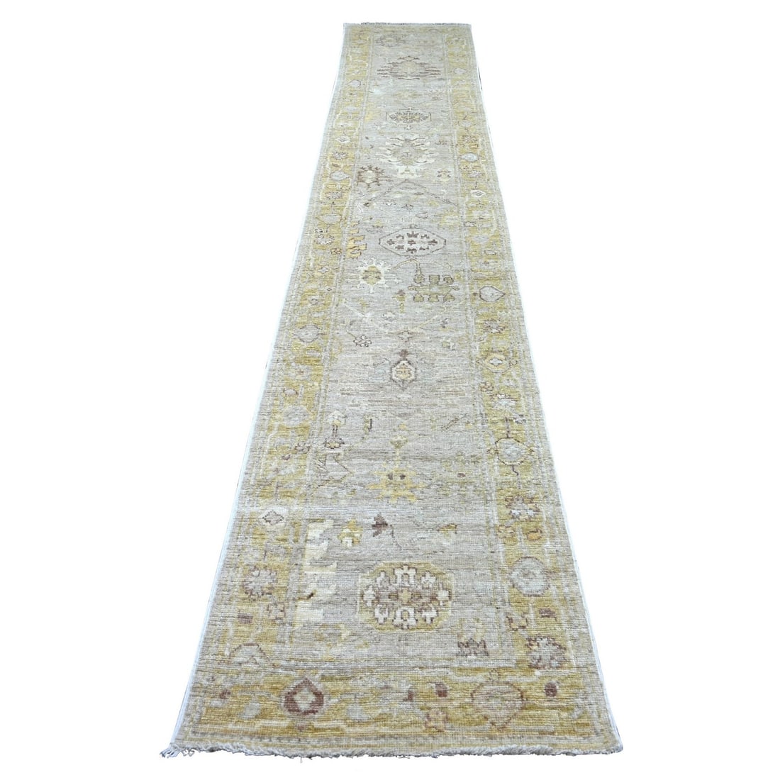 2'7"x15'2" Gray Angora Oushak Leaf Design Hand Knotted Wool Runner Rug: 2'7"x15'2" Gray Angora Oushak Leaf Design Hand Knotted Wool Runner Rug Hand-knotted in wool, this stunning 2'7"x15'2" Oushak-style runner rug boasts a beautiful gray Angora leaf design on its field. T