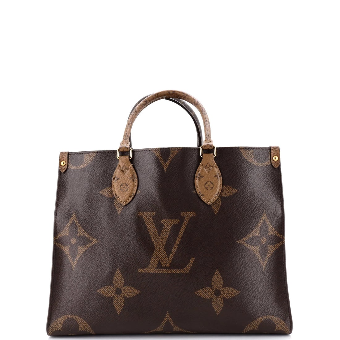 Louis Vuitton OnTheGo Tote Reverse Monogram Giant MM: Louis Vuitton OnTheGo Tote Reverse Monogram Giant MM Brown Louis Vuitton OnTheGo Tote Reverse Monogram Giant MM in good condition features a canvas-coated exterior with minor creases, scuffs, and edge