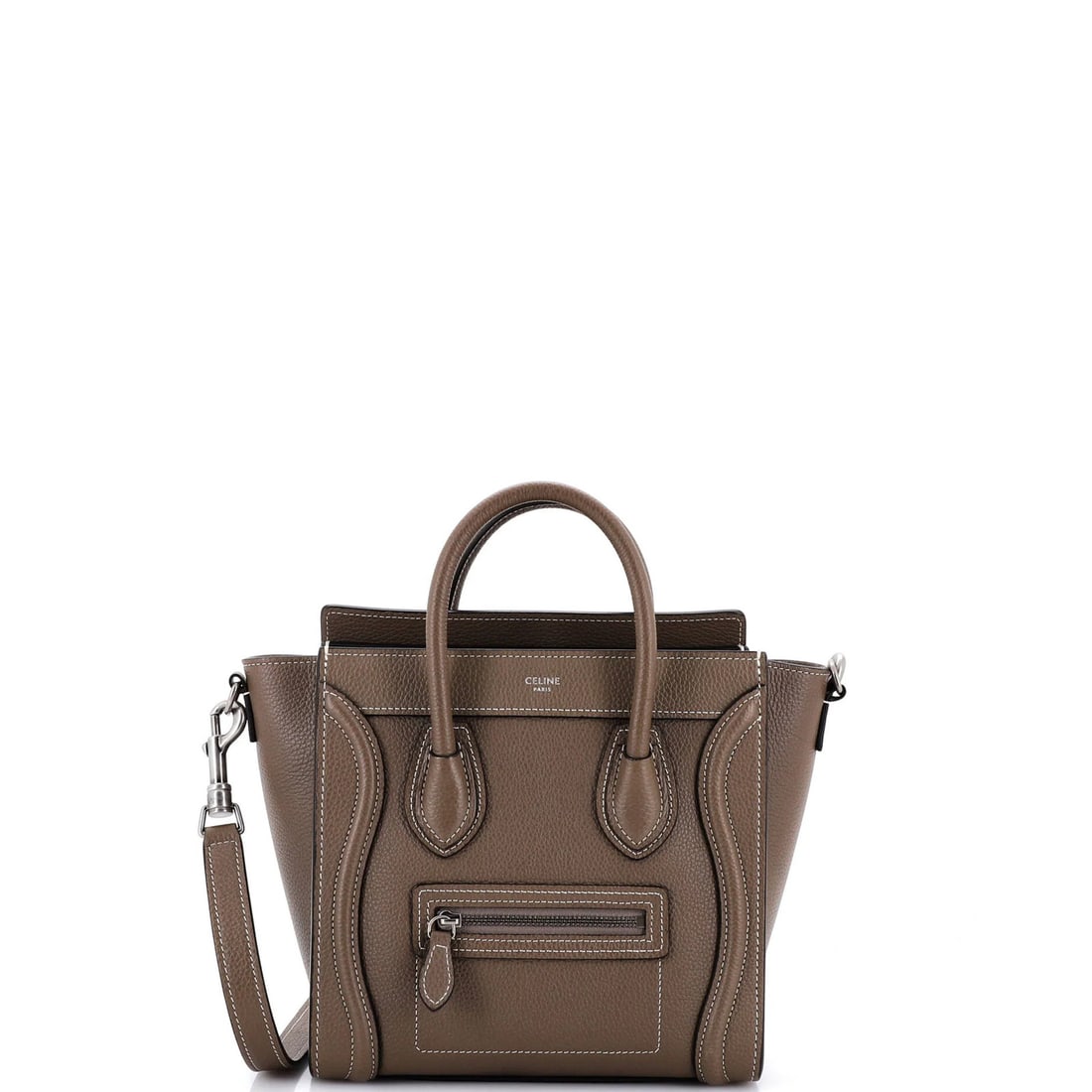 Celine Luggage Bag Grainy Leather Nano: Celine Luggage Bag Grainy Leather Nano Brown Celine Luggage Bag Grainy Leather Nano with Suede Interior, featuring scuffs, cracking, edge wear, corner wear, and minor creases on the exterior, and silv