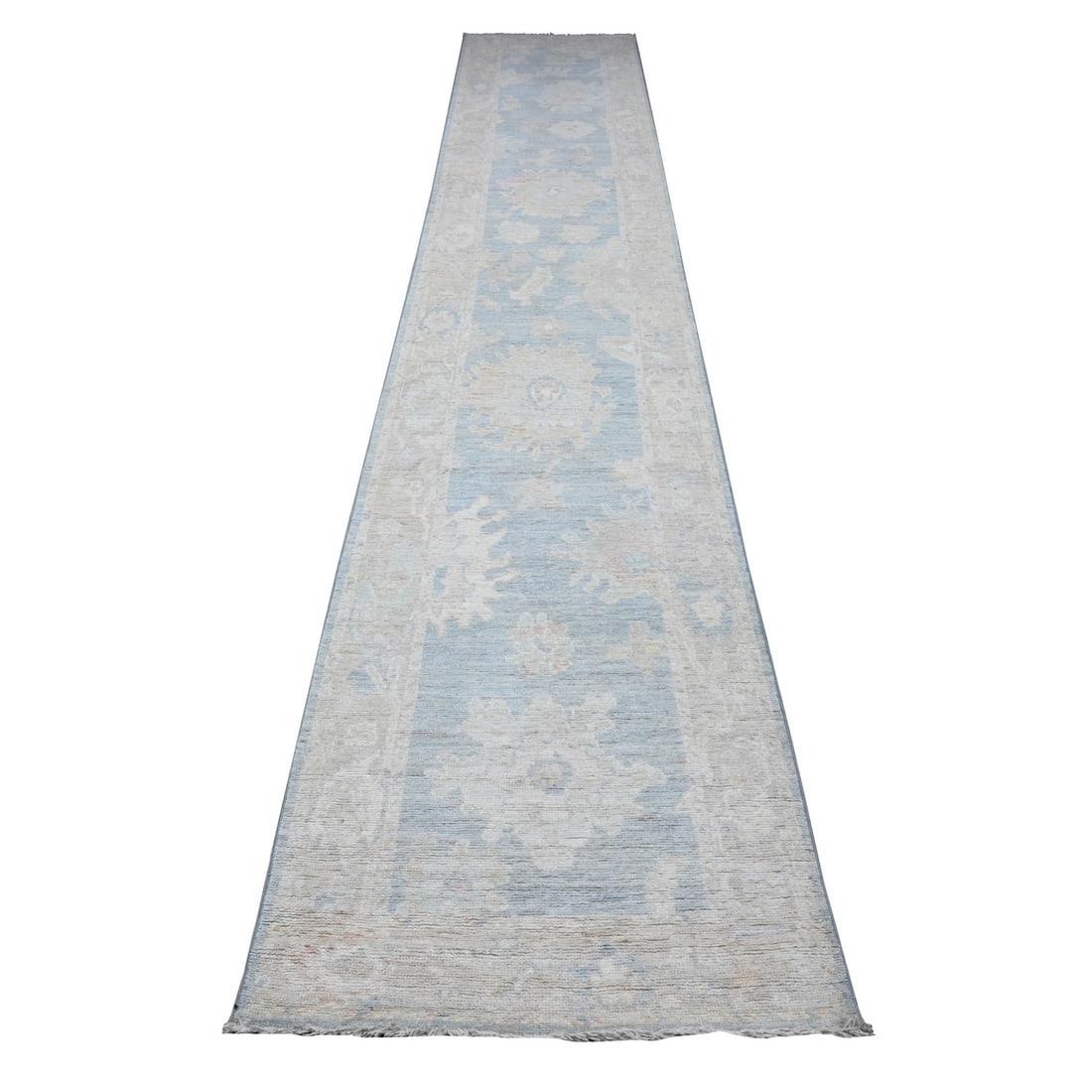 2'7"x15'3" Queen Blue Hand Knotted Angora Oushak XL Runner Oriental Rug: 2'7"x15'3" Queen Blue Hand Knotted Angora Oushak XL Runner Oriental Rug This stunning Queen Blue Hand Knotted Angora Oushak XL Runner Oriental Rug boasts a vibrant blue hue and impressive size,