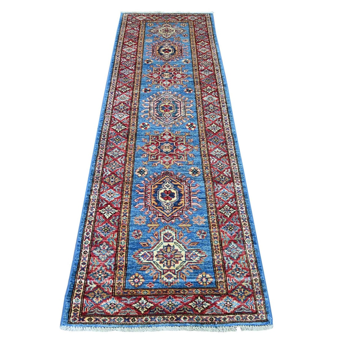 2'7"x8' Blue Afghan Super Kazak Medallions Design Hand Knotted Wool Rug: 2'7"x8' Blue Afghan Super Kazak Medallions Design Hand Knotted Wool Rug Hand-knotted wool rug with an all-over blue Kazak medallions design, measuring 2'7" x 8', made from high-quality wool and featur
