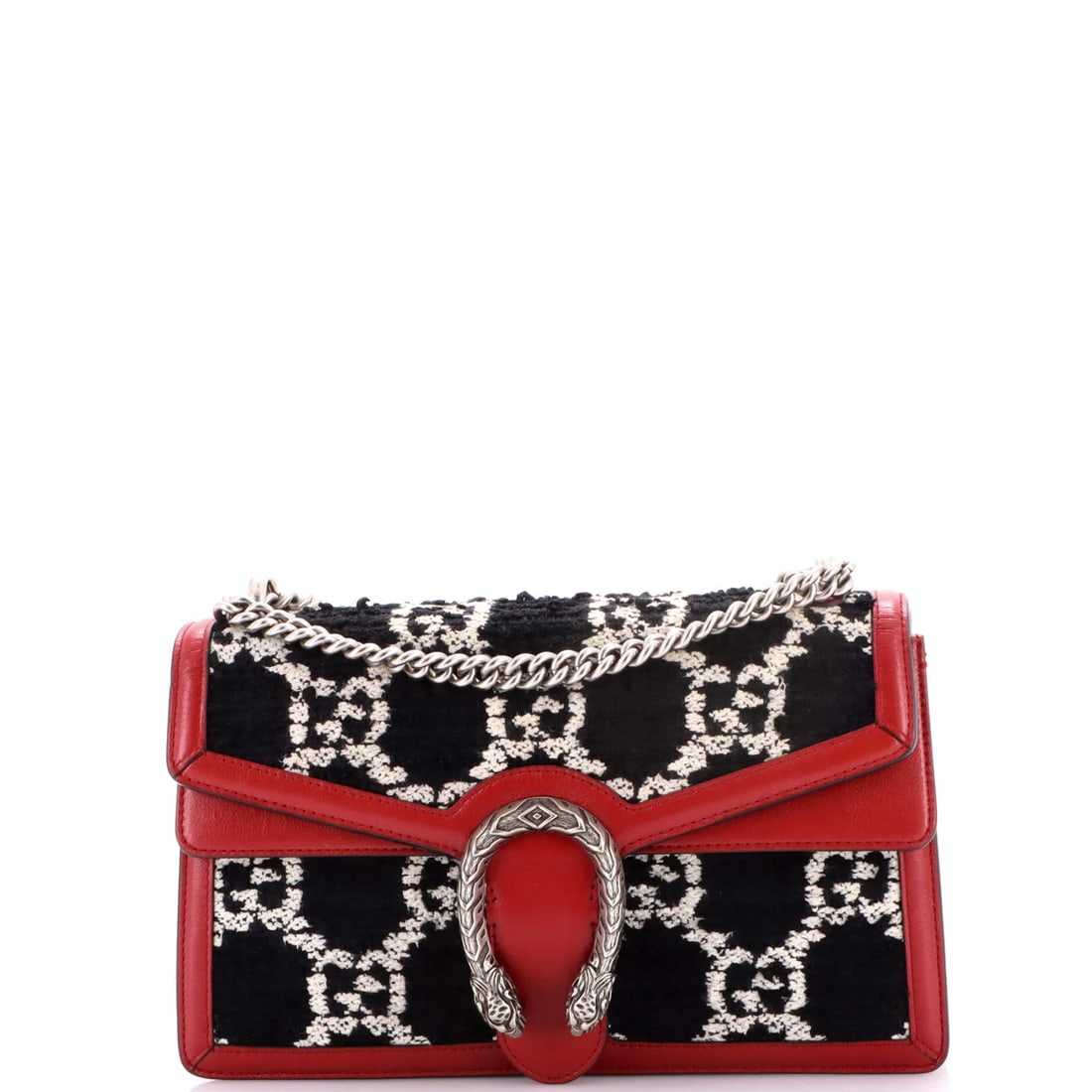 Dionysus Bag Gucci Small GG Tweed: Dionysus Bag Gucci Small GG Tweed Small Dionysus Bag in Tweed GG with bold red accents, featuring aged silver hardware and neutral interior. The exterior tweed material has minor fraying, discoloratio