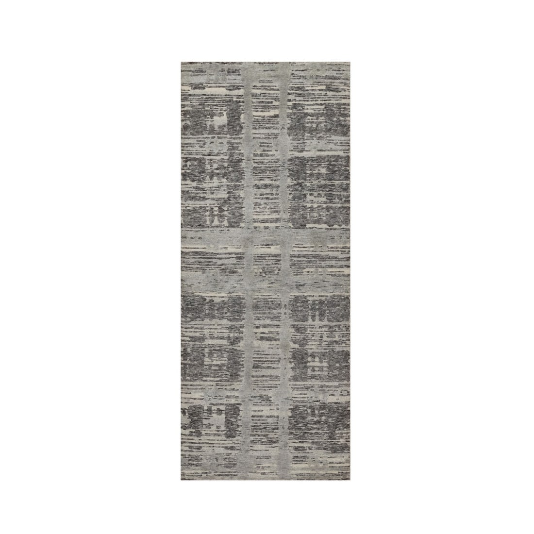 2'5"x6'2" Gray Modern Runner Rug Criss Cross Design Pure Wool Hand Knotted: 2'5"x6'2" Gray Modern Runner Rug Criss Cross Design Pure Wool Hand Knotted Woven with traditional hand-knotting techniques, this stunning 2'5"x6'2" gray modern runner rug boasts a striking criss cross
