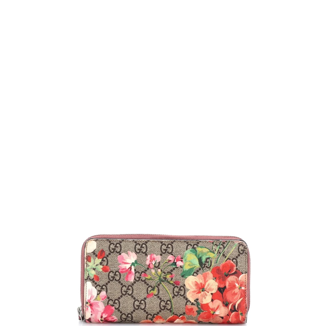 Gucci Zip Around Wallet Blooms Print GG Coated Canvas: Gucci Zip Around Wallet Blooms Print GG Coated Canvas This Gucci Zip Around Wallet features a vibrant Blooms Print GG Coated Canvas design in pink and brown hues. The wallet's canvas exterior has some