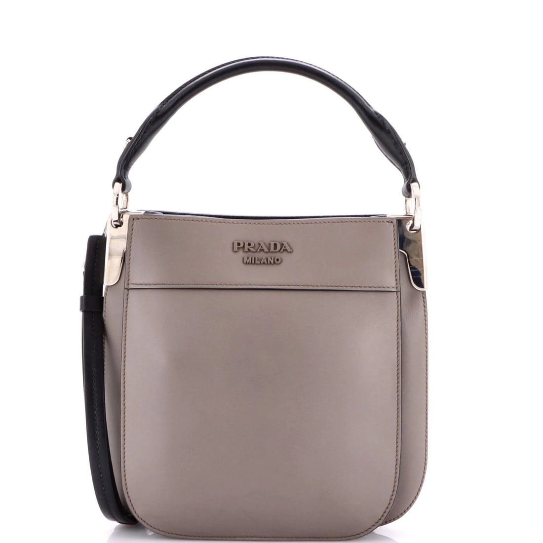 Hobo Leather Small Prada Margit: Hobo Leather Small Prada Margit Gray leather Prada Margit small cross body bag with silver hardware, featuring a strap drop of 18-22" and interior scuffs. The exterior shows minor cracking and