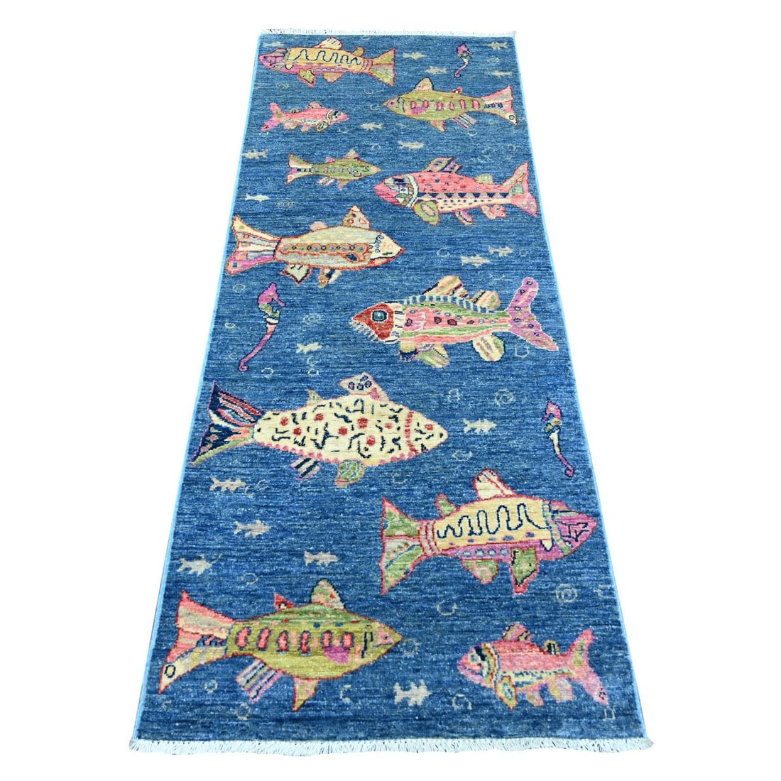 2'5"x6'3" Blue Afghan Peshawar Fish Design Hand Knotted Wool Runner Rug: 2'5"x6'3" Blue Afghan Peshawar Fish Design Hand Knotted Wool Runner Rug Hand-knotted in traditional Afghan wool, this stunning 2'5"x6'3" Peshawar-style runner rug boasts a striking blue field with