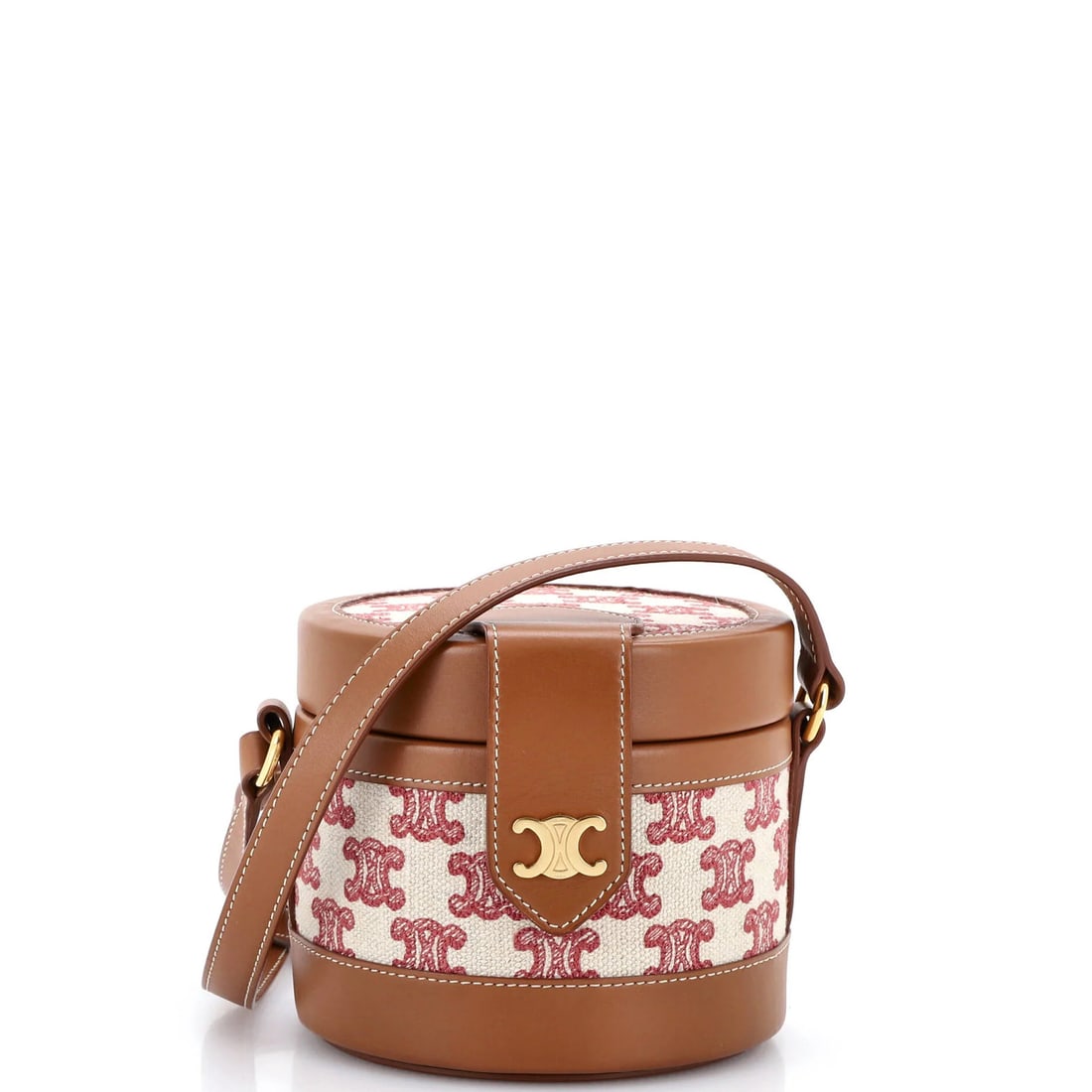 Small canvas bag triomphe celine tambour: Small canvas bag triomphe celine tambour Small canvas bag with Triomphe Celine Tambour design, featuring plain leather exterior in neutral brown and red color options. This cross-body bag measures