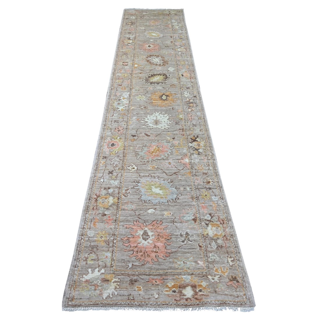 2'8"x14'2" Brown Angora Oushak Leaf Design Hand Knotted Wool Runner Rug: 2'8"x14'2" Brown Angora Oushak Leaf Design Hand Knotted Wool Runner Rug Brown Angora Oushak Leaf Design Hand Knotted Wool Runner Rug features a stunning floral pattern in shades of brown, pink, green,