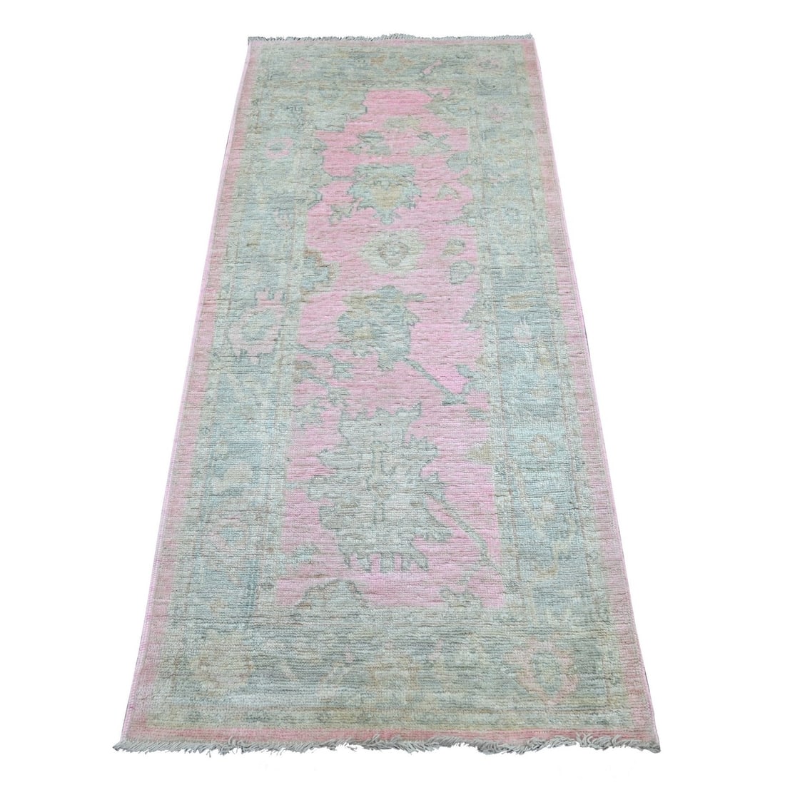 2'8"x6' Pink Angora Oushak Leaf Design Hand Knotted Pure Wool Runner Rug: 2'8"x6' Pink Angora Oushak Leaf Design Hand Knotted Pure Wool Runner Rug Hand-knotted with love, this stunning 2'8"x6' Pink Angora Oushak Leaf Design Pure Wool Runner Rug boasts a vibrant pink field