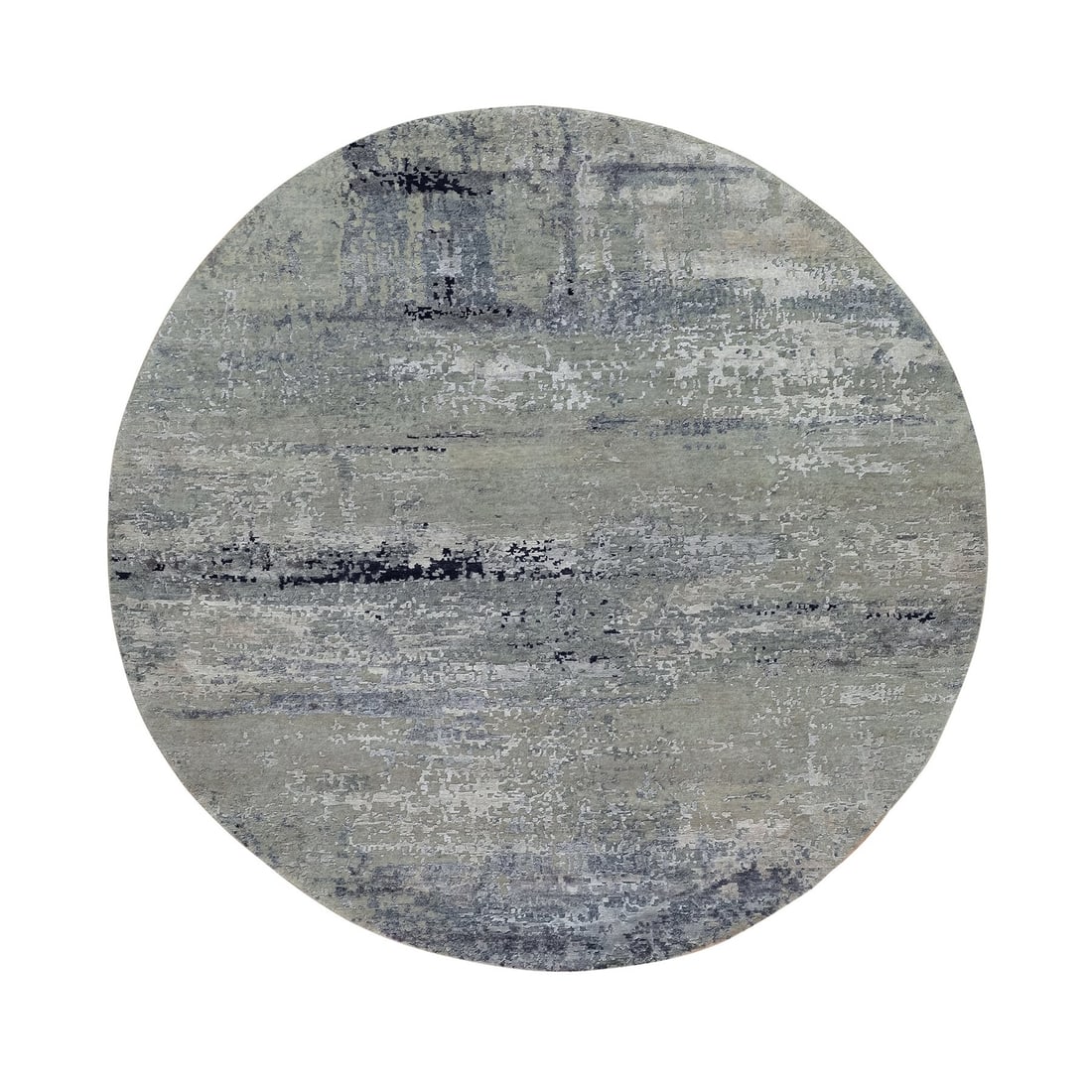 7'x7' Silver Blue Wool & Silk Modern Abstract Design Round Rug: 7'x7' Silver Blue Wool & Silk Modern Abstract Design Round Rug The 7'x7' Silver Blue Wool & Silk Modern Abstract Design Round Rug boasts an eye-catching grey and blue color palette, creating a unique