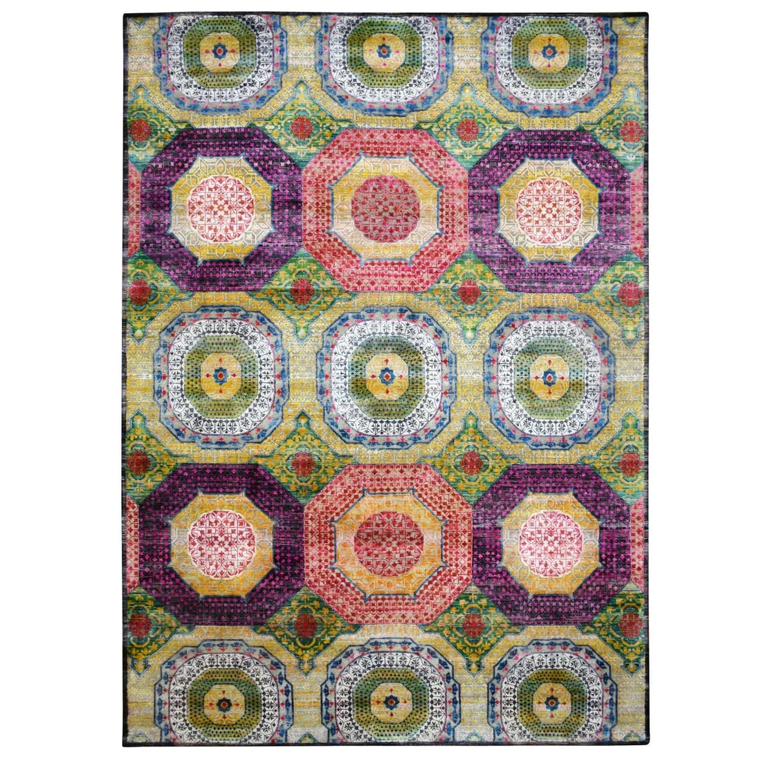 10'x14'1" Yellow Colorful Mamluk Design Silk with Wool Hand Knotted Rug: 10'x14'1" Yellow Colorful Mamluk Design Silk with Wool Hand Knotted Rug 10'x14'1" Yellow Colorful Mamluk Design Silk with Wool Hand Knotted Rug - A stunning piece of traditional Oriental craftsmanship
