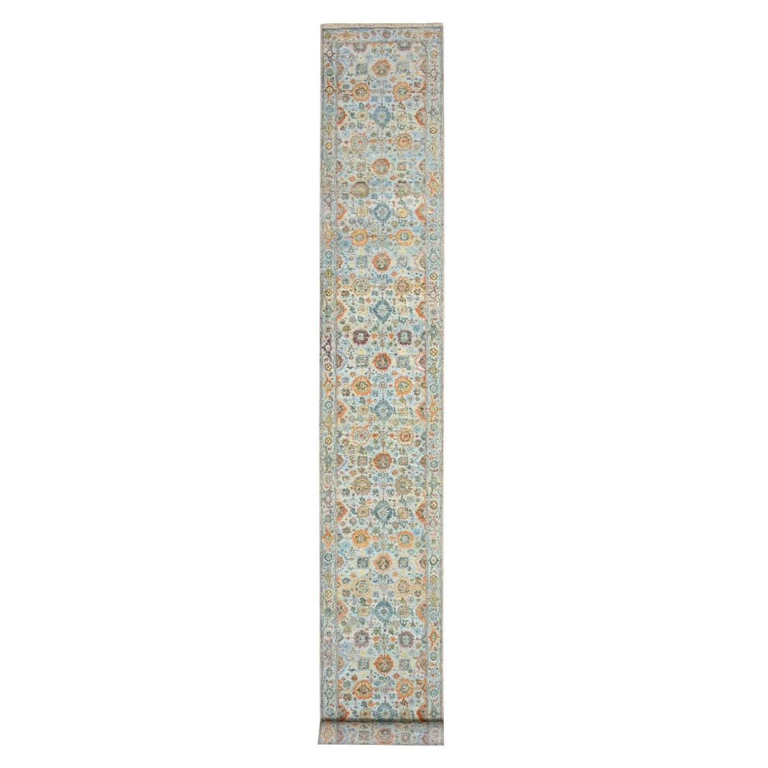 2'6"x22' Baby Blue Sultanabad Reimagined Hand Knotted Pure Wool XL Runner: 2'6"x22' Baby Blue Sultanabad Reimagined Hand Knotted Pure Wool XL Runner The Sultanabad Reimagined Hand Knotted Pure Wool XL Runner boasts an all-over regional design in vibrant blue hues, set