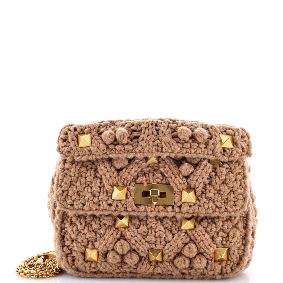 Garavani Valentino Roman Quilted Knit Medium Flap Bag Stud Bag: Garavani Valentino Roman Quilted Knit Medium Flap Bag Stud Bag Brown quilted knit Roman stud flap bag with medium size, measuring 7" height, 9" width, and 3" depth. The exterior features minor